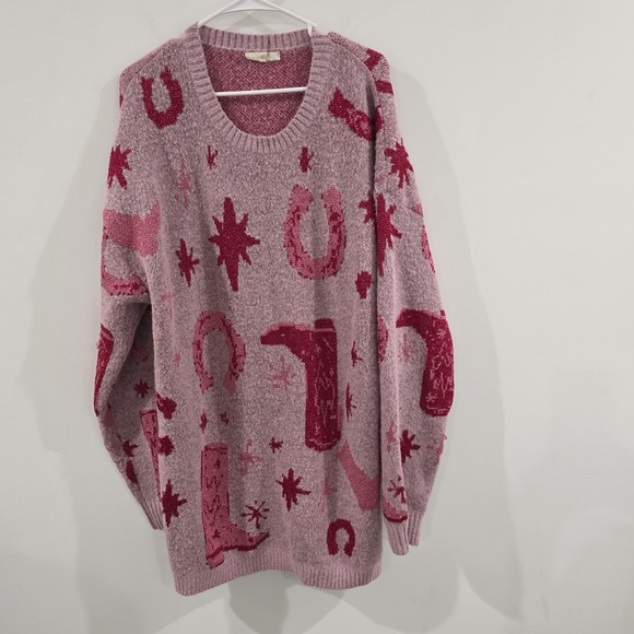 entro Sweaters - Womens Cowgirl Tunic Sweater Size 1X Pink Cowboy Boots Western Horses